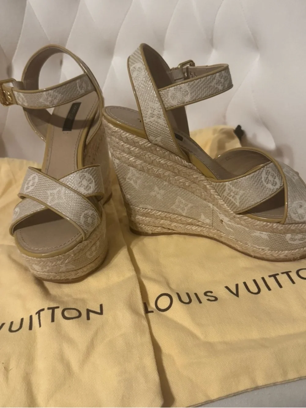 Louis Vuitton Cream Monogram Canvas Platform Wedge Sandals